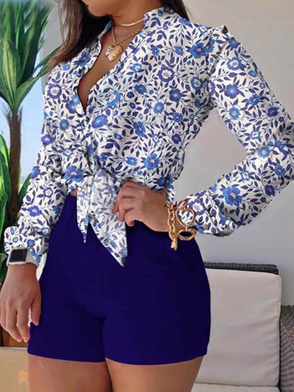 Camisa de manga larga de dos piezas y pantalones cortos de cintura alta
