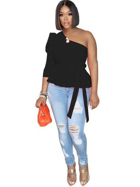 Tops tipo jersey sin mangas con volantes y un hombro