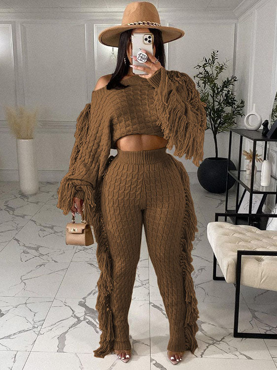 Two Piece Knitted Long Sleeve Tassel Outfits