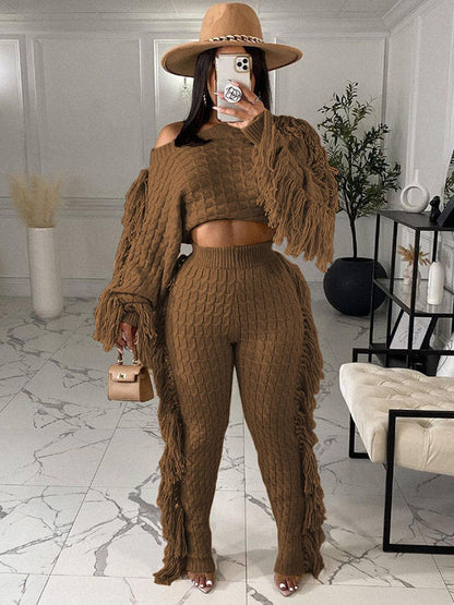 Two Piece Knitted Long Sleeve Tassel Outfits