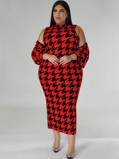 Two Piece Houndstooth Cardigan & Cut Out Midi Dress