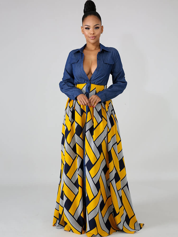 Vestidos largos de mezclilla de manga larga con patchwork a cuadros