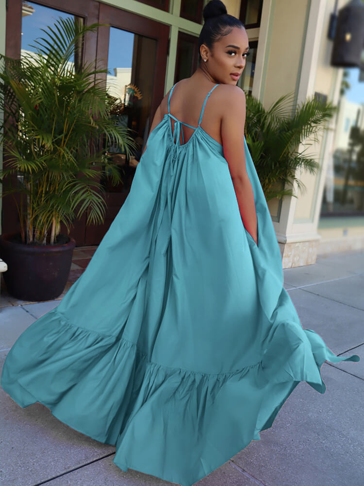 Vestidos largos con vuelo en la playa con volantes y tirantes finos de talla grande