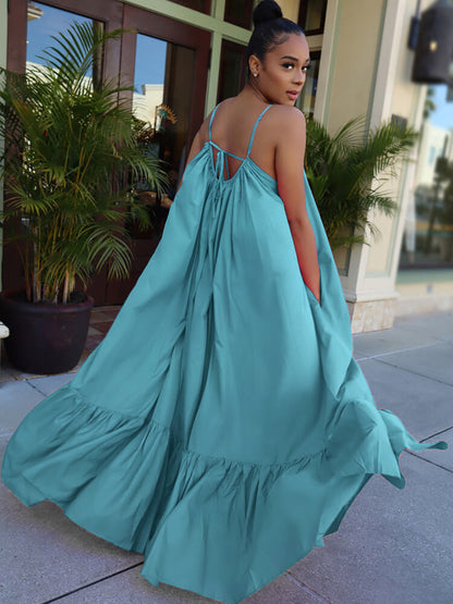 Vestidos largos con vuelo en la playa con volantes y tirantes finos de talla grande