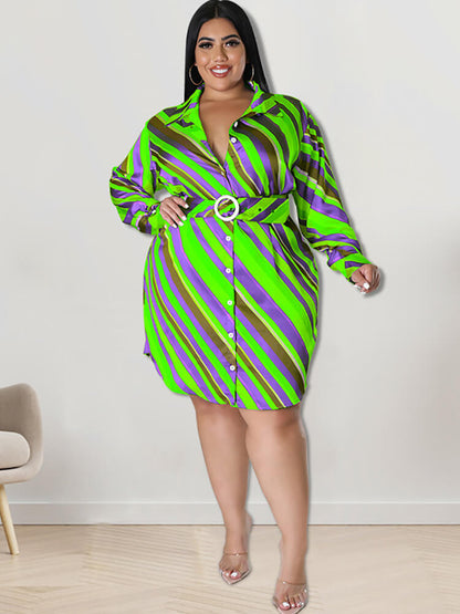 Long Sleeve Striped Mini Dress With Belt