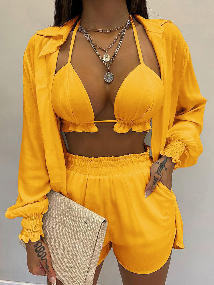 Conjuntos cortos de tres piezas con volantes y manga larga