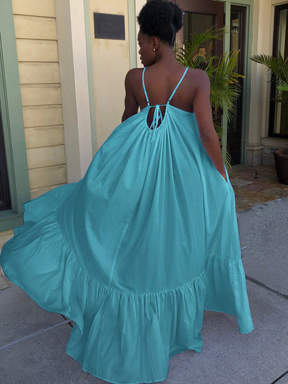 Vestidos largos con vuelo en la playa con volantes y tirantes finos de talla grande