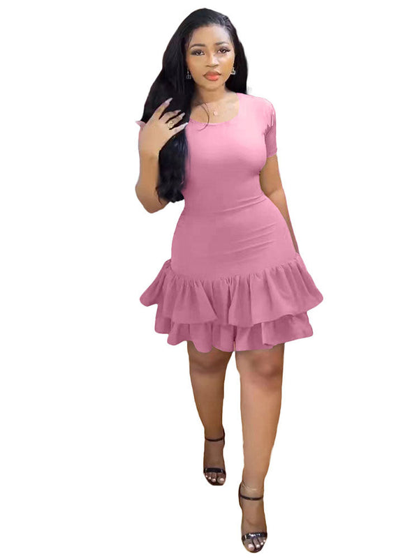 Short Sleeve Bodycon Ruffle Hem Mini Dresses