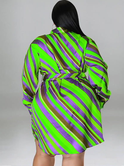 Long Sleeve Striped Mini Dress With Belt