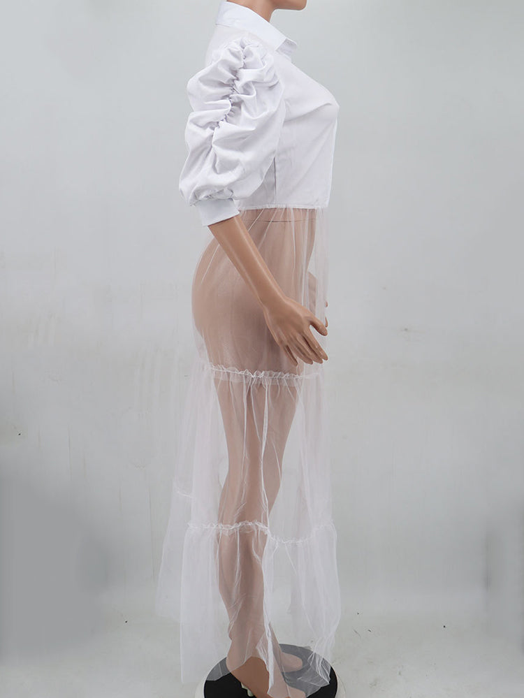 Tops con cuello en V y manga corta con patchwork de malla