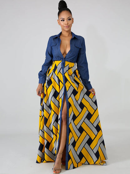 Vestidos largos de mezclilla de manga larga con patchwork a cuadros