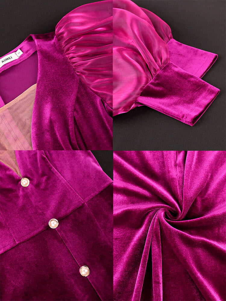 Lantern Sleeve Mesh Patchwork Split Midi Dress