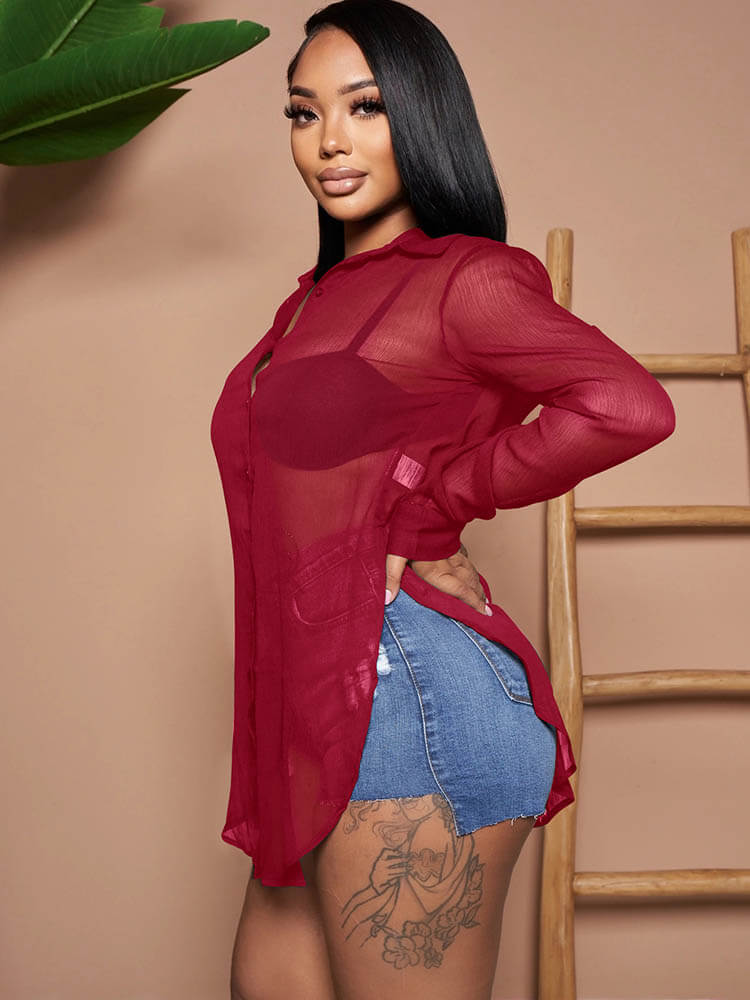 Camisas de gasa con botones de color liso