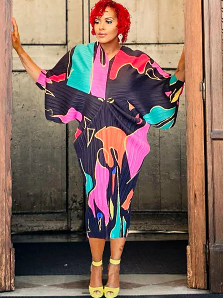 Bat Sleeve Floral Print Midi Dress