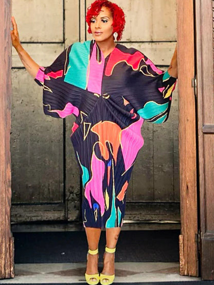 Bat Sleeve Floral Print Midi Dress