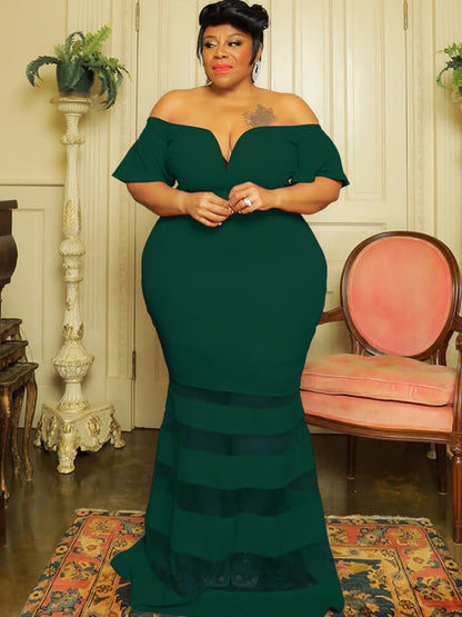 Vestidos largos ajustados con retazos de malla y hombros descubiertos