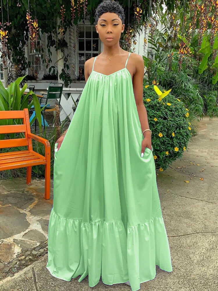 Vestidos largos con vuelo en la playa con volantes y tirantes finos de talla grande