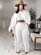 Two Piece Knitted Long Sleeve Tassel Outfits