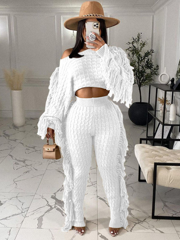 Two Piece Knitted Long Sleeve Tassel Outfits