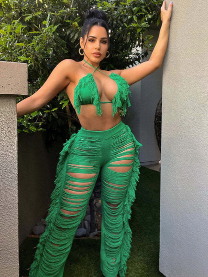 Tops con borlas halter de dos piezas y pantalones ajustados