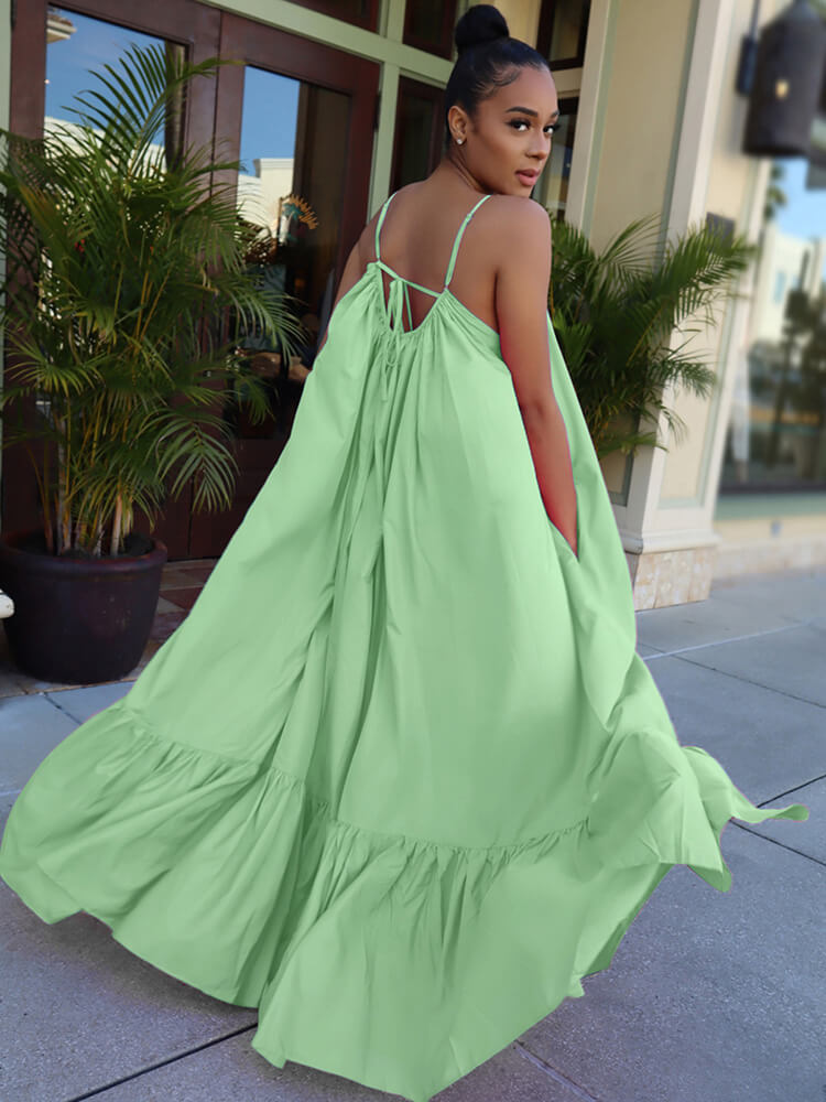 Vestidos largos con vuelo en la playa con volantes y tirantes finos de talla grande