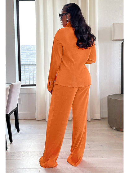 Dos piezas plisadas de manga larga y pantalones largos