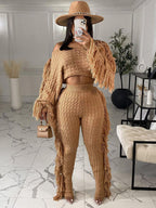 Two Piece Knitted Long Sleeve Tassel Outfits