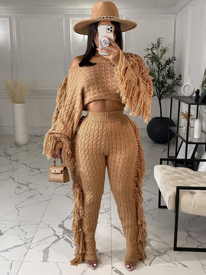 Two Piece Knitted Long Sleeve Tassel Outfits