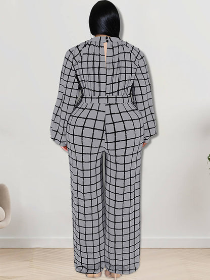 Long Sleeve Plaid Print Wide Leg Jumpsuit