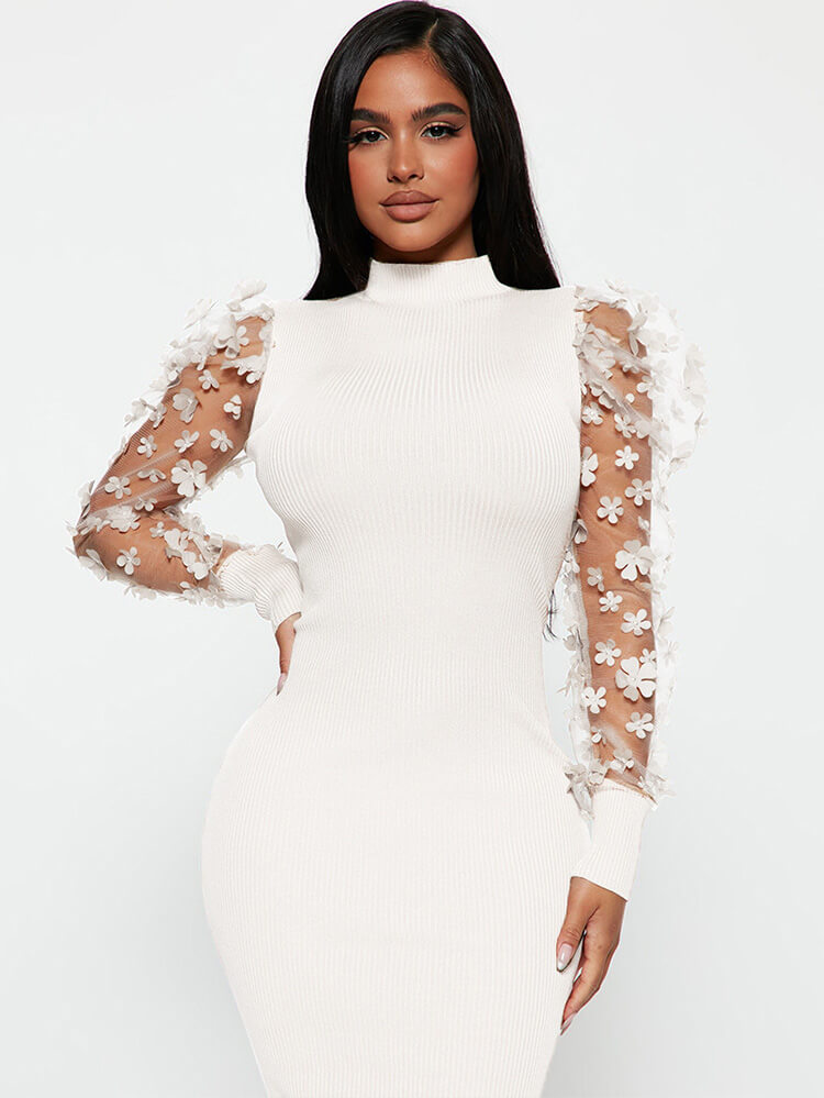 Vestidos midi florales de manga larga con patchwork de malla