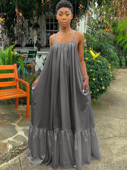 Vestidos largos con vuelo en la playa con volantes y tirantes finos de talla grande