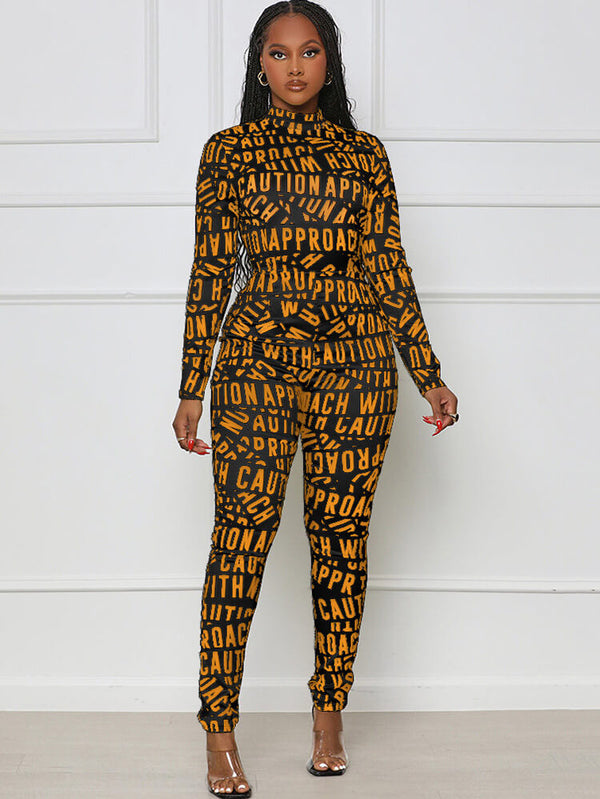 Long Sleeve Letter Print Bodycon Jumpsuits