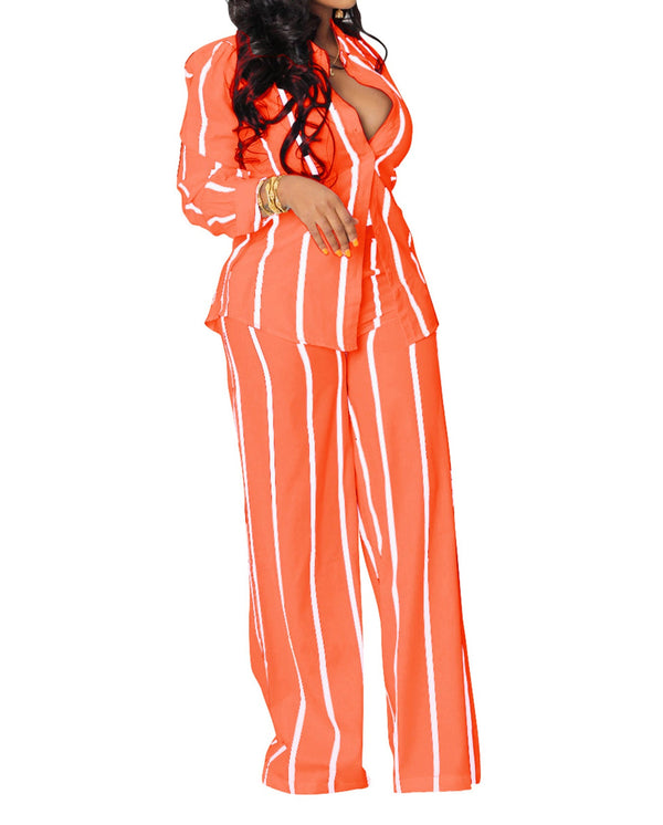 Two Piece Long Sleeve Striped Pants Suit