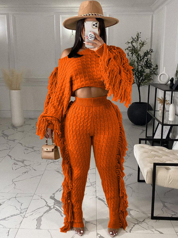Two Piece Knitted Long Sleeve Tassel Outfits