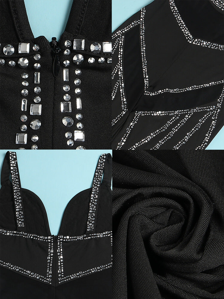 Rhinestone Spaghetti Strap Mesh Patchwork Jumpsuit