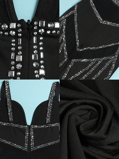 Rhinestone Spaghetti Strap Mesh Patchwork Jumpsuit