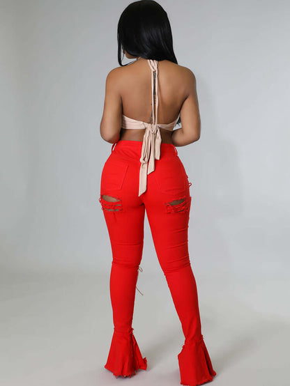 Denim Criss Cross Ripped Bodycon Flare Jeans