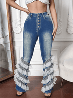Pantalones acampanados con botones de patchwork de malla vaquera