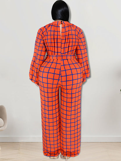 Long Sleeve Plaid Print Wide Leg Jumpsuit