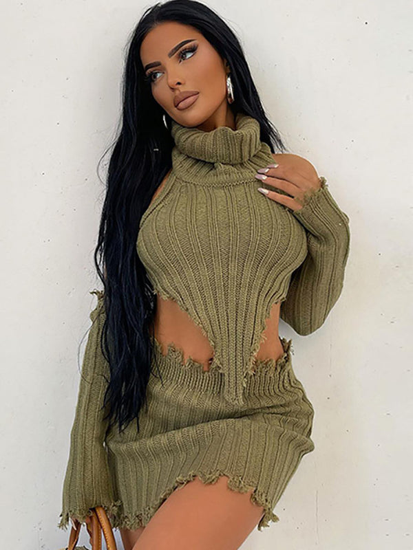 Two Piece Ripped Asymmetrical Sweater Skirt Suits