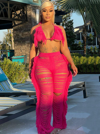 Tops con borlas halter de dos piezas y pantalones ajustados