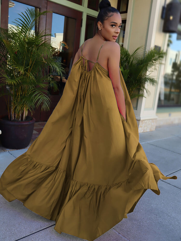 Vestidos largos con vuelo en la playa con volantes y tirantes finos de talla grande