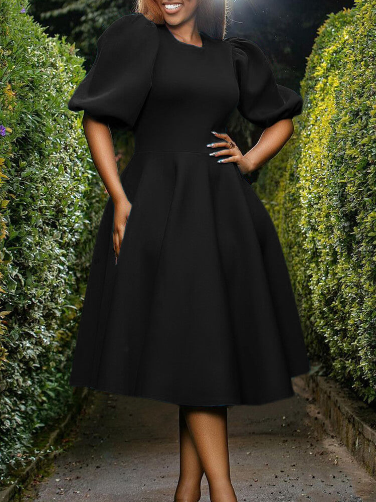 Vestidos midi ajustados fruncidos lisos con manga abullonada