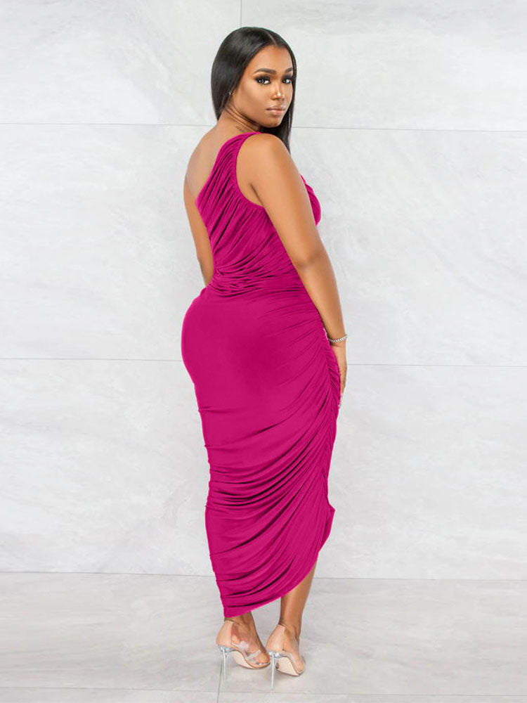 One Shoulder Sleeveless Backless Ruched Maxi Dress