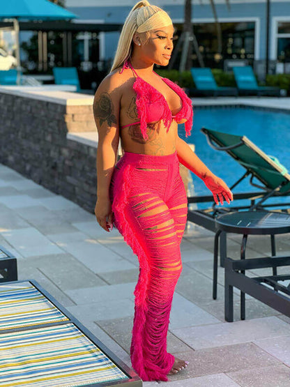 Tops con borlas halter de dos piezas y pantalones ajustados