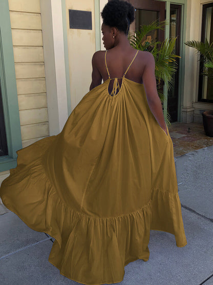 Vestidos largos con vuelo en la playa con volantes y tirantes finos de talla grande