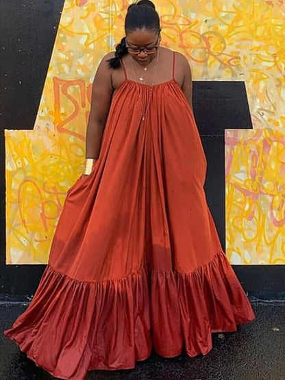 Vestidos largos con vuelo en la playa con volantes y tirantes finos de talla grande