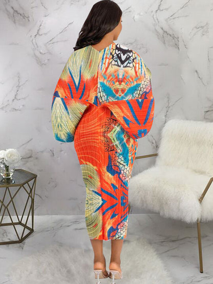 Bat Sleeve Floral Print Midi Dress