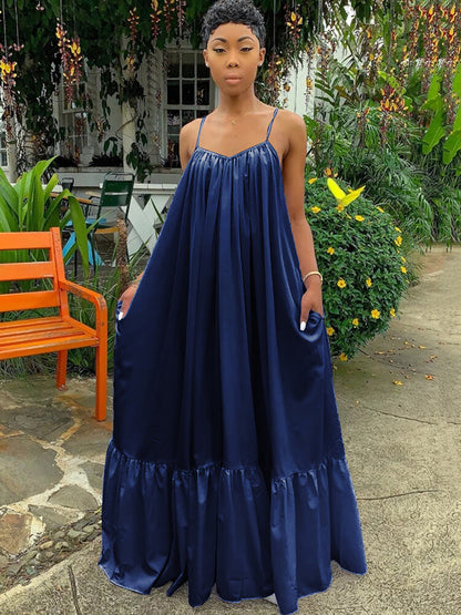 Vestidos largos con vuelo en la playa con volantes y tirantes finos de talla grande