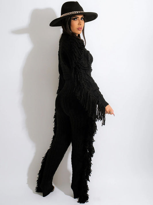 Two Piece Knitted Long Sleeve Tassel Outfits